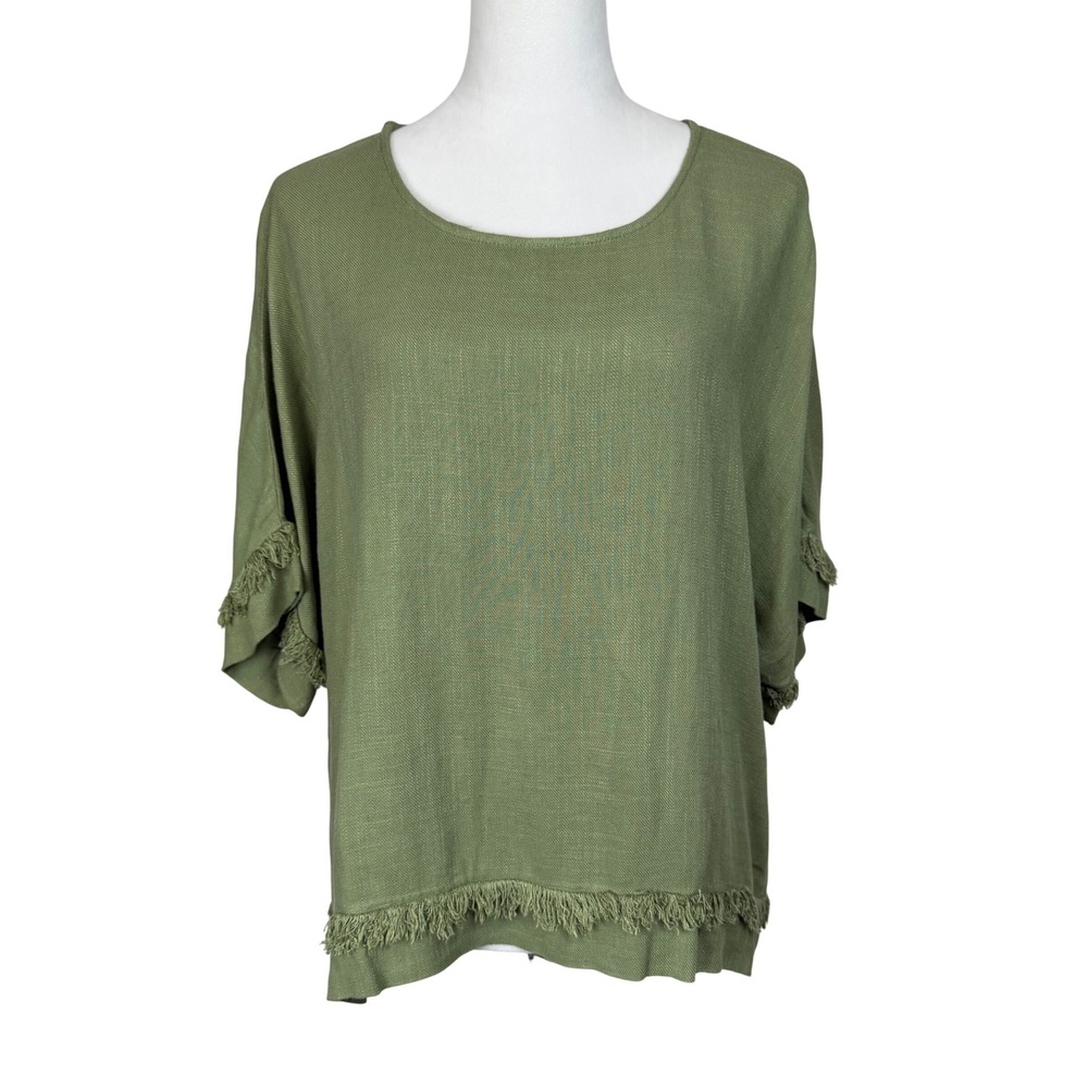Umgee Women's Frayed Fringe Linen Blend Top Green‎ Short Sleeve Boho Beach S